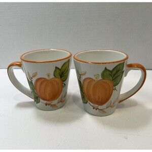 Mesa International Orange Pumpkin Harvest Mugs Coffee Hand Painted Ceramic